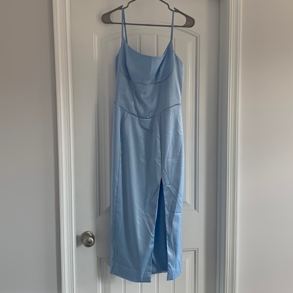 Dresses | Baby Blue Silk Midi Dress With Slit Trendy Corset Style Bodice Size L 81 | Poshmark Dresses | Baby Blue Silk Midi Dress With Slit Trendy Corset Style Bodice Size L 81 | Poshmark